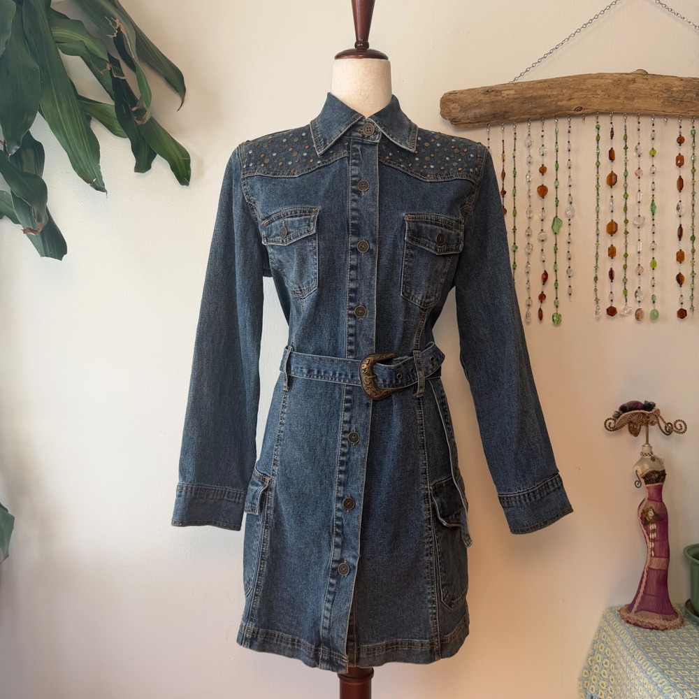 DG2 Diane Gilman Beaded Denim Trench Coat 90s Whimsigoth Boho Belted Jacket M